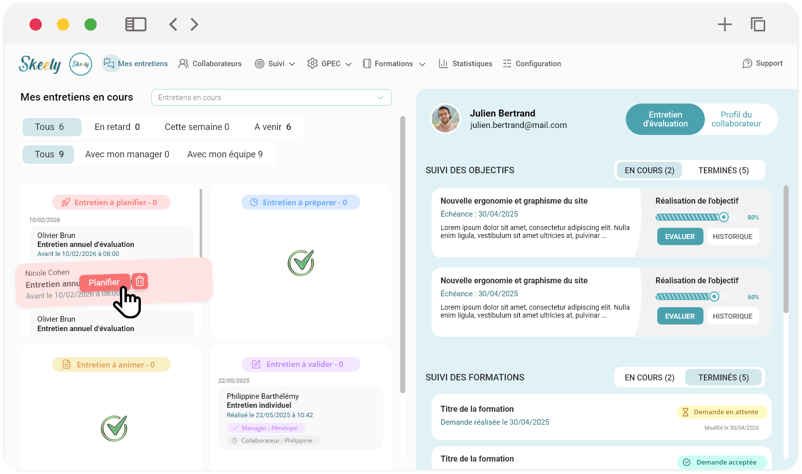 Skeely - La partie gestion des entretiens pour avoir un suivi par collaborateur
