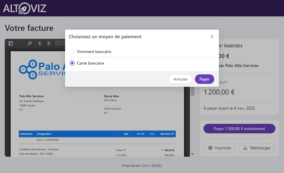 Altoviz - Paiement en ligne par carte bancaire ou virement par vos clients