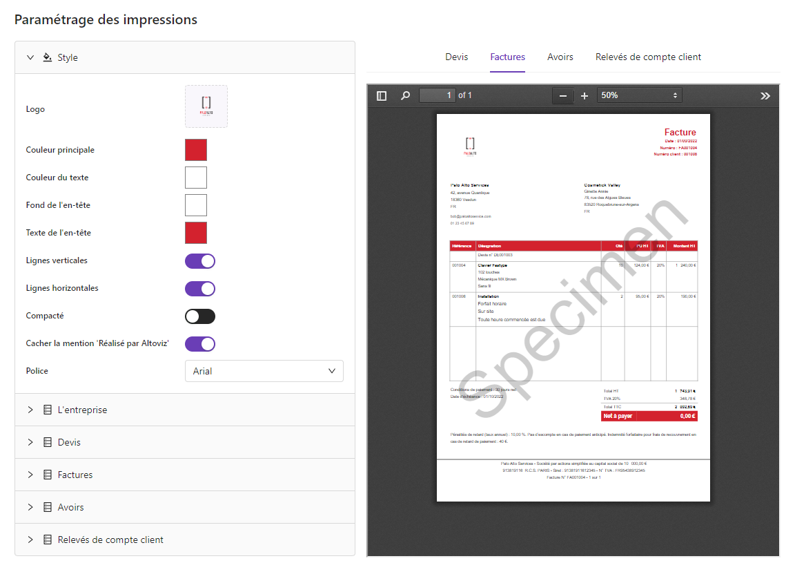 Altoviz - Personnalisation très simple de vos devis et factures