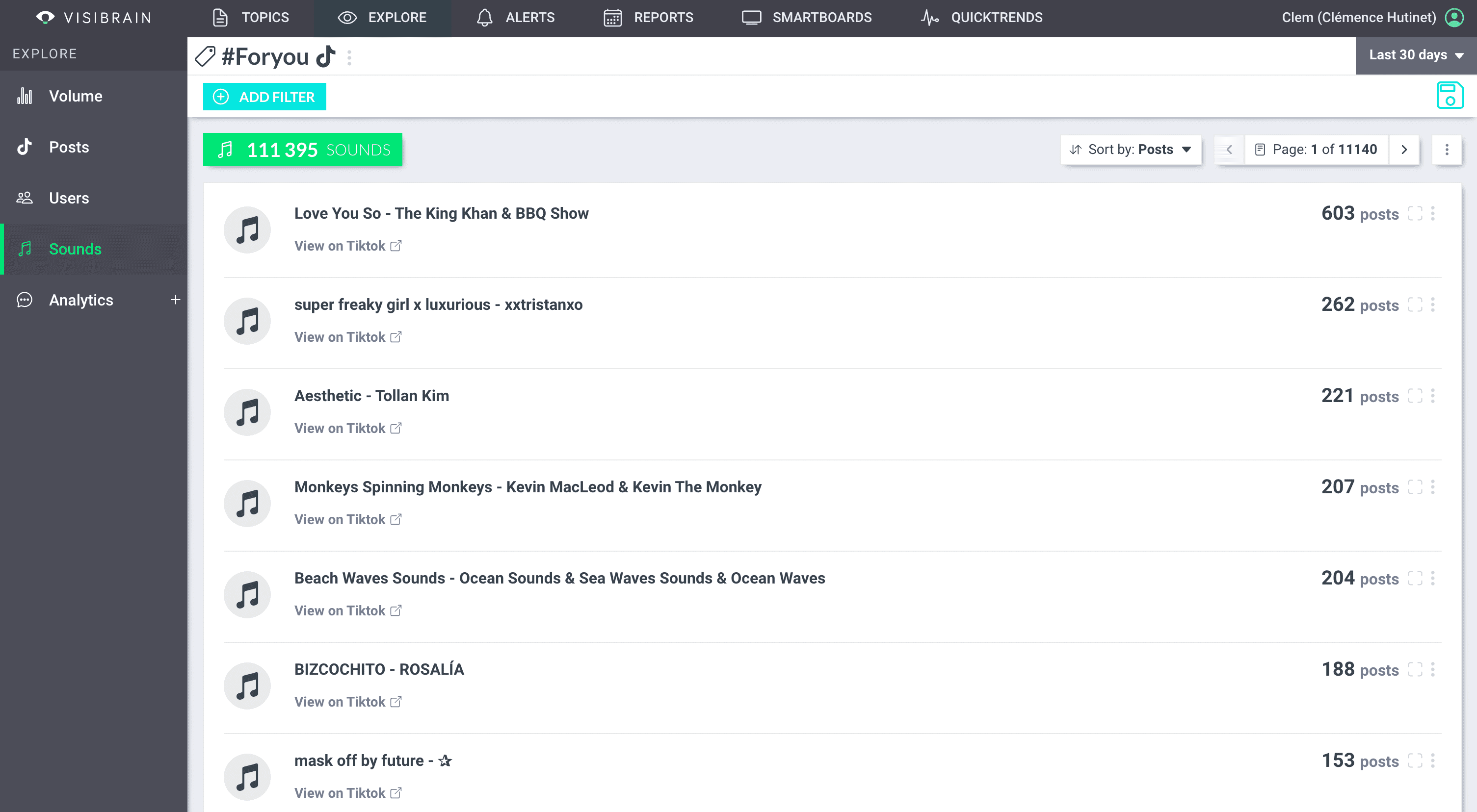 Visibrain - Veille TikTok - classement top sons TikTok