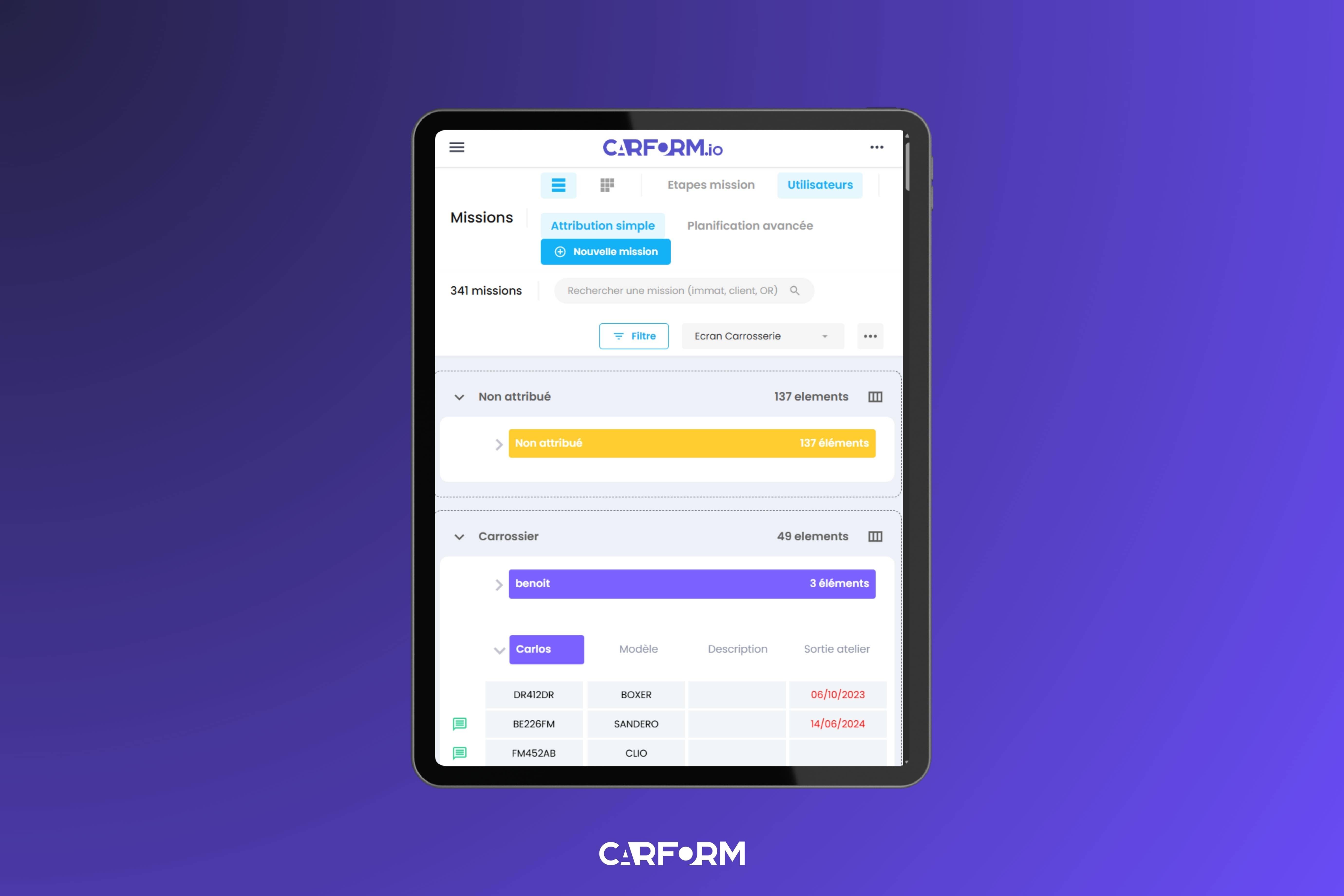 Carform - Une vue d'ensemble complète de votre atelier pour tout gérer efficacement.