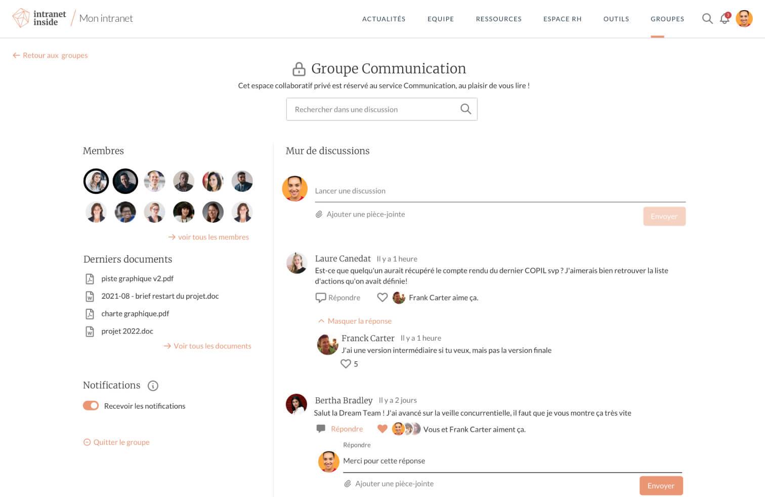 Intranet Inside - Place à la collaboration avec les groupes de communication Intranet Inside