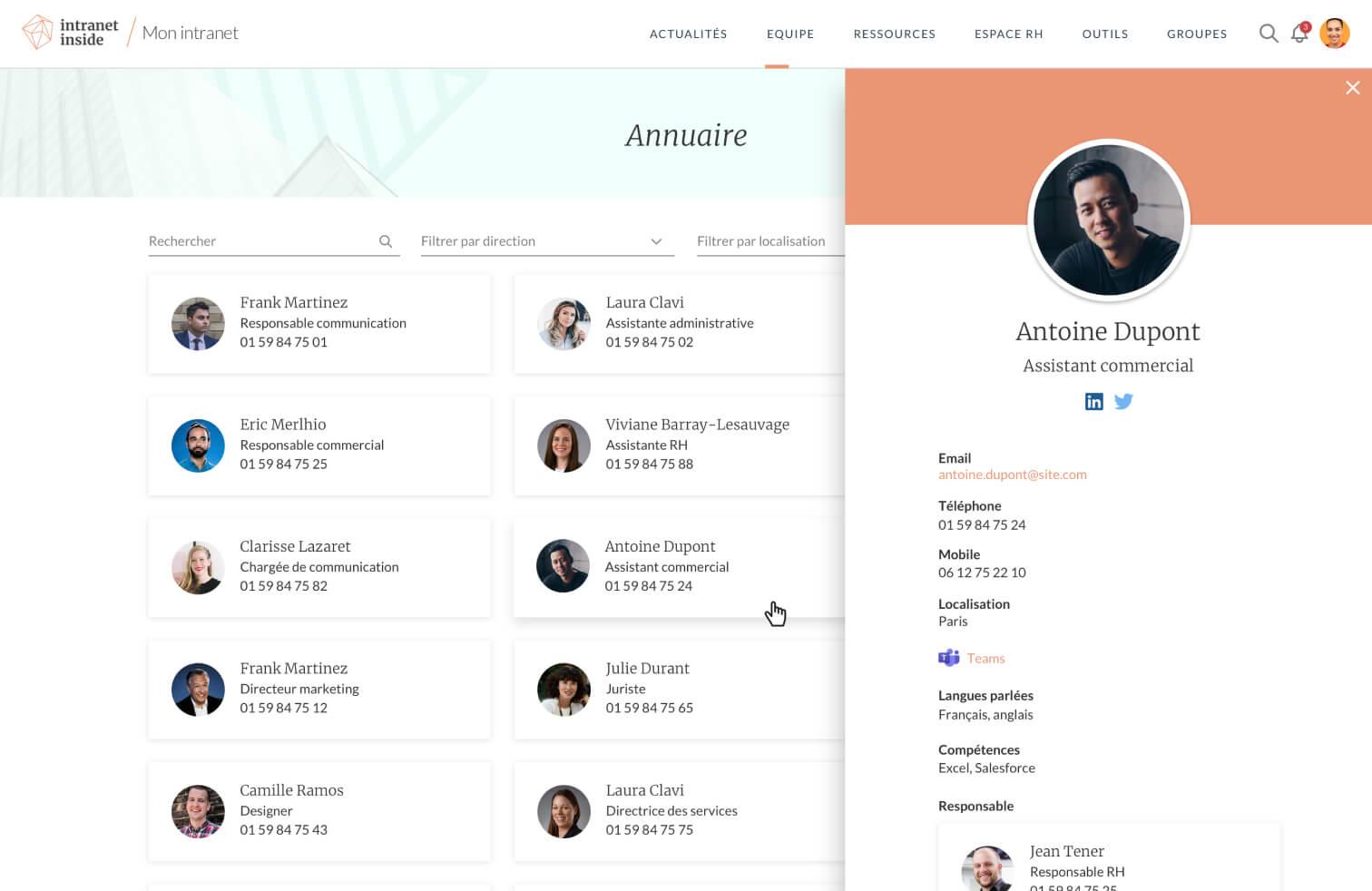 Intranet Inside - L'annuaire d'Intranet Inside permet de retrouver en quelques clics tous vos collègues