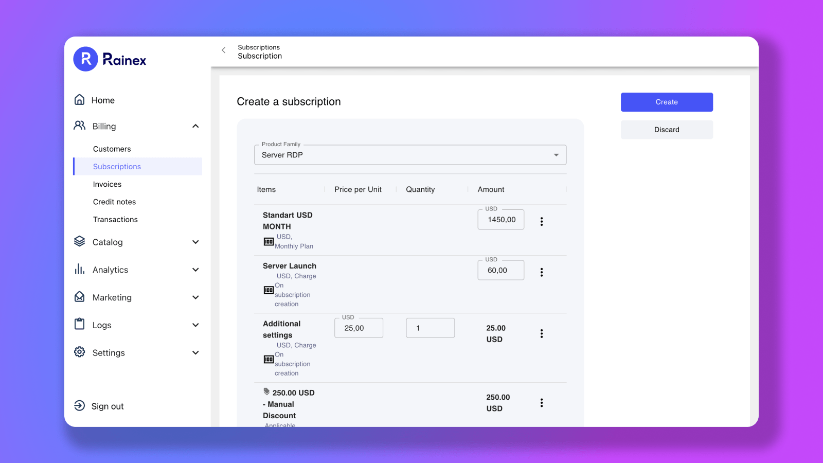 Rainex - Create a subscription