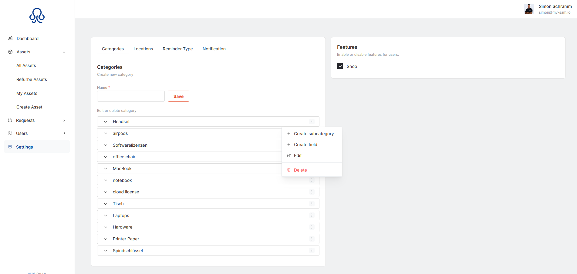 sortful - sortful Einstellungen: Erstellung unternehmensspezifscher Standorte und Assetkategorien und eigener Formularfelder; Einrichtung von out-of-stock-notifications für kritische Assets