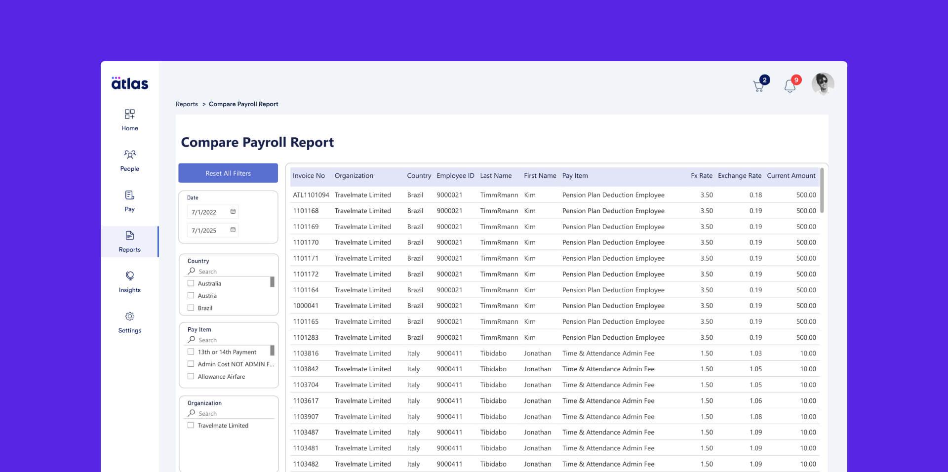 Atlas HXM - Compare payroll report: This feature in the Atlas HXM platform lets clients compare payrolls