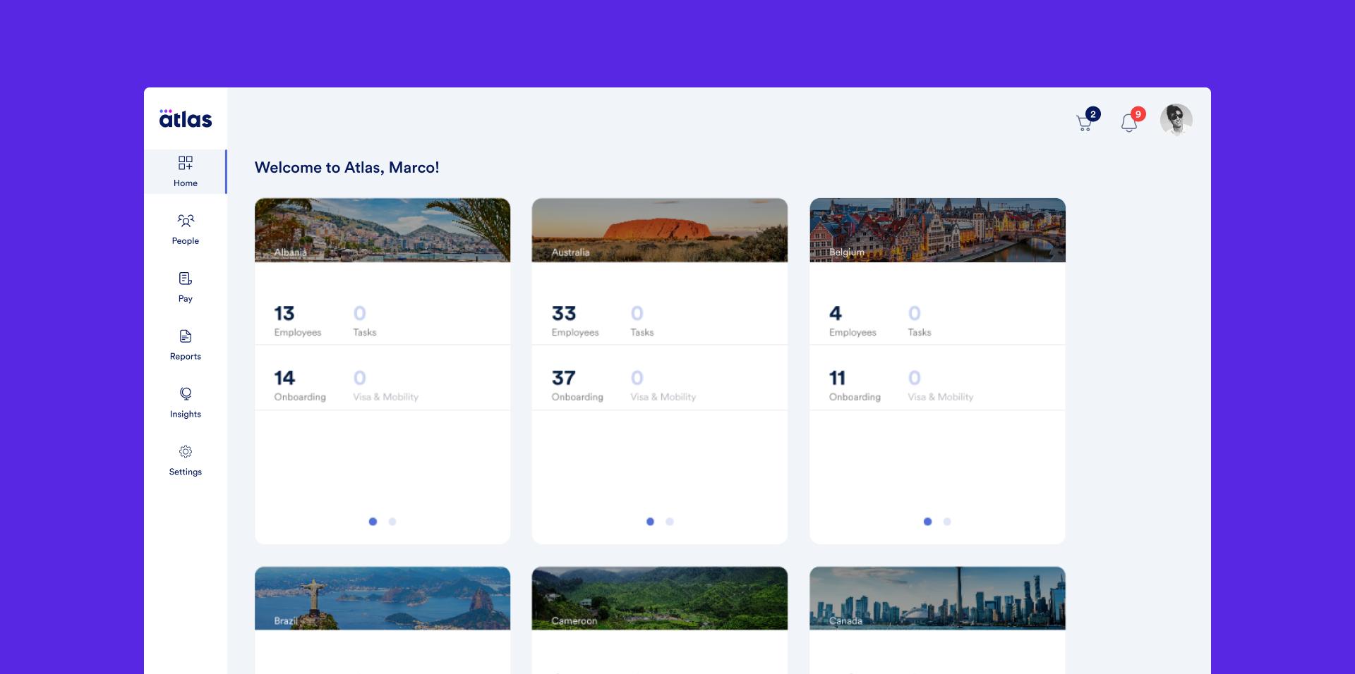 Atlas HXM - Welcome dashboard: This feature in the Atlas HXM platform lets clients quickly visualize the countries they have teams in