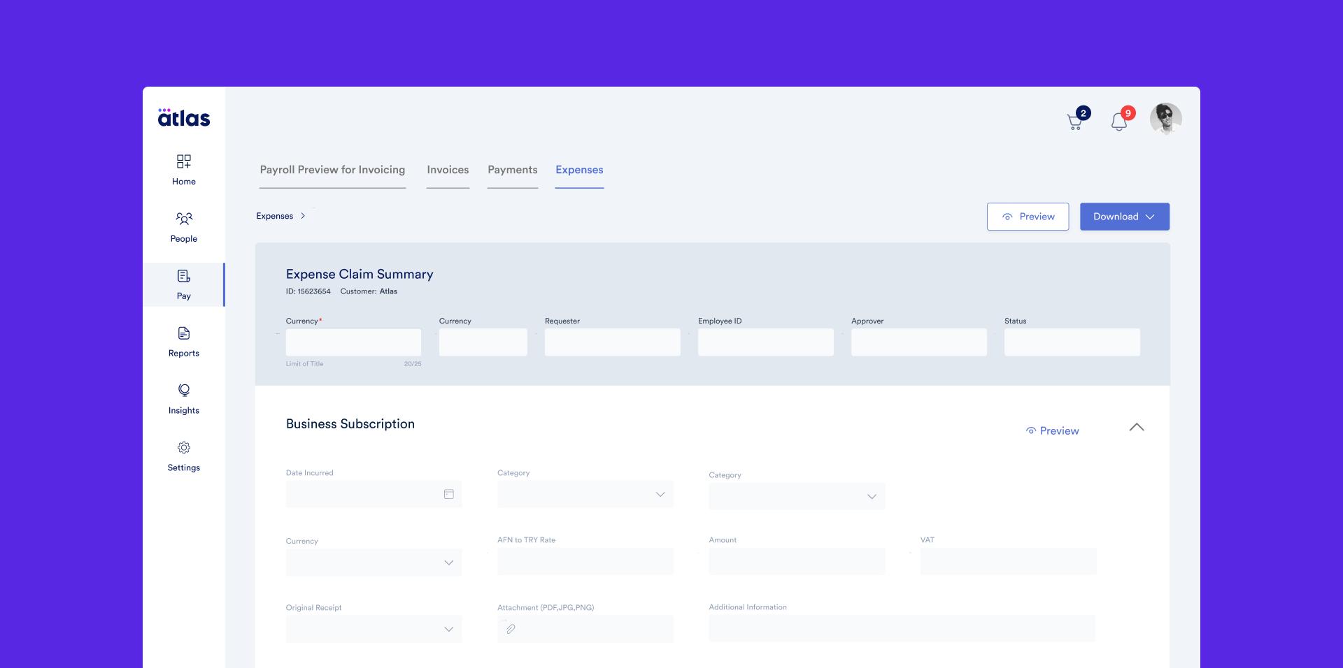 Atlas HXM - Expense claim: This feature in the Atlas HXM platform lets clients check the expense claims