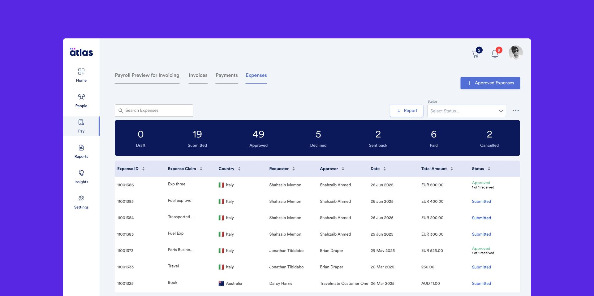Atlas HXM - Employee expenses view: This feature in the Atlas HXM platform lets clients view their employees expenses