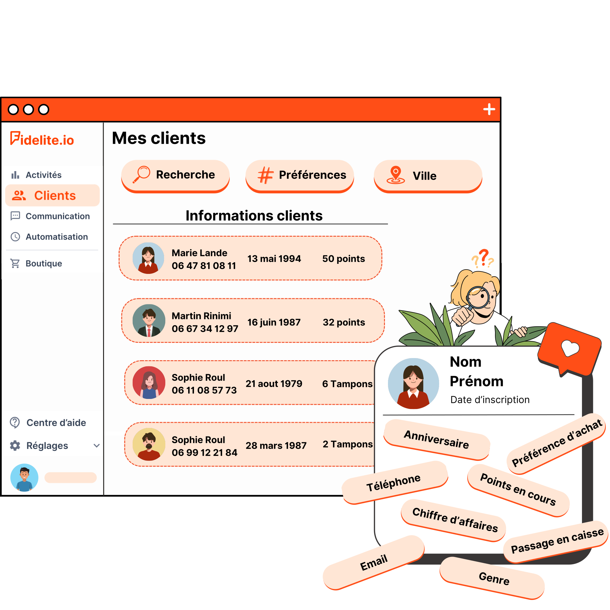 Fidelite.io - Enregistrez les fiches clients personnalisées : préférences d'achat / type de client / age / nom etc...