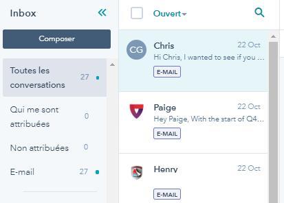 HubSpot CRM - Aperçu de la boîte de réception centralisée entre les équipes