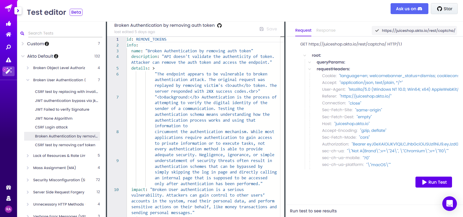 Akto - Select from our 150+ built-in API security tests covering OWASP Top 10 or write your own!