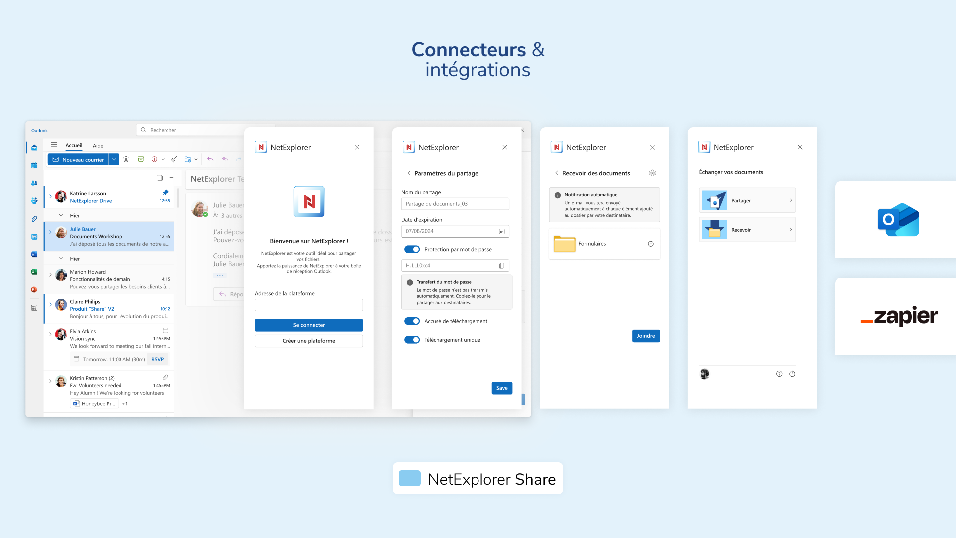 NetExplorer Share - Le partage de fichiers sécurisé est accessibles à tous, en un clic, sur notre interface web, mobile ou directement dans les applications Microsoft Teams et Outlook grâce à nos connecteurs.