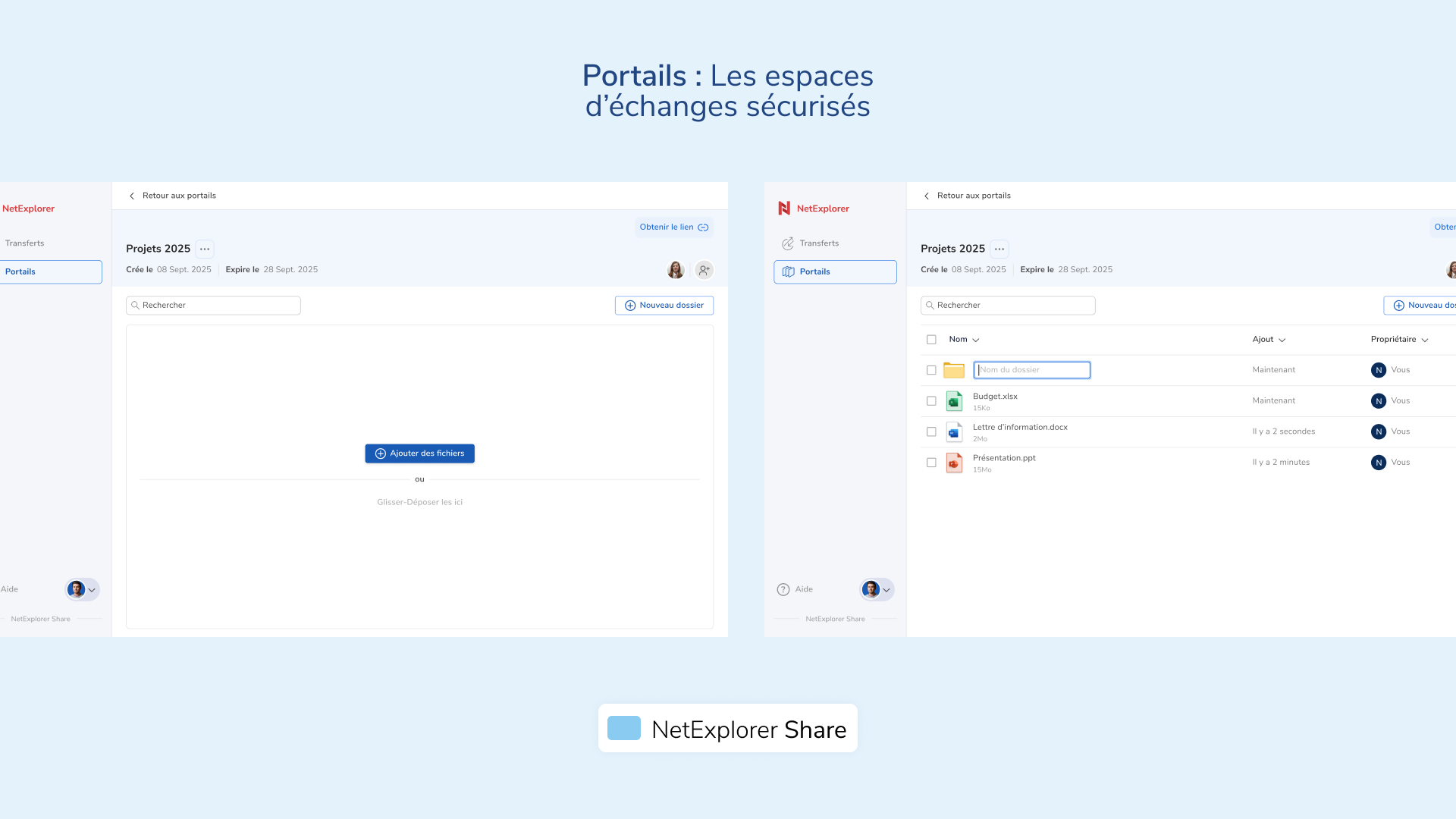 NetExplorer Share - La fonctionnalité Portails offre aux organisations un cadre professionnel, collaboratif et entièrement traçable.