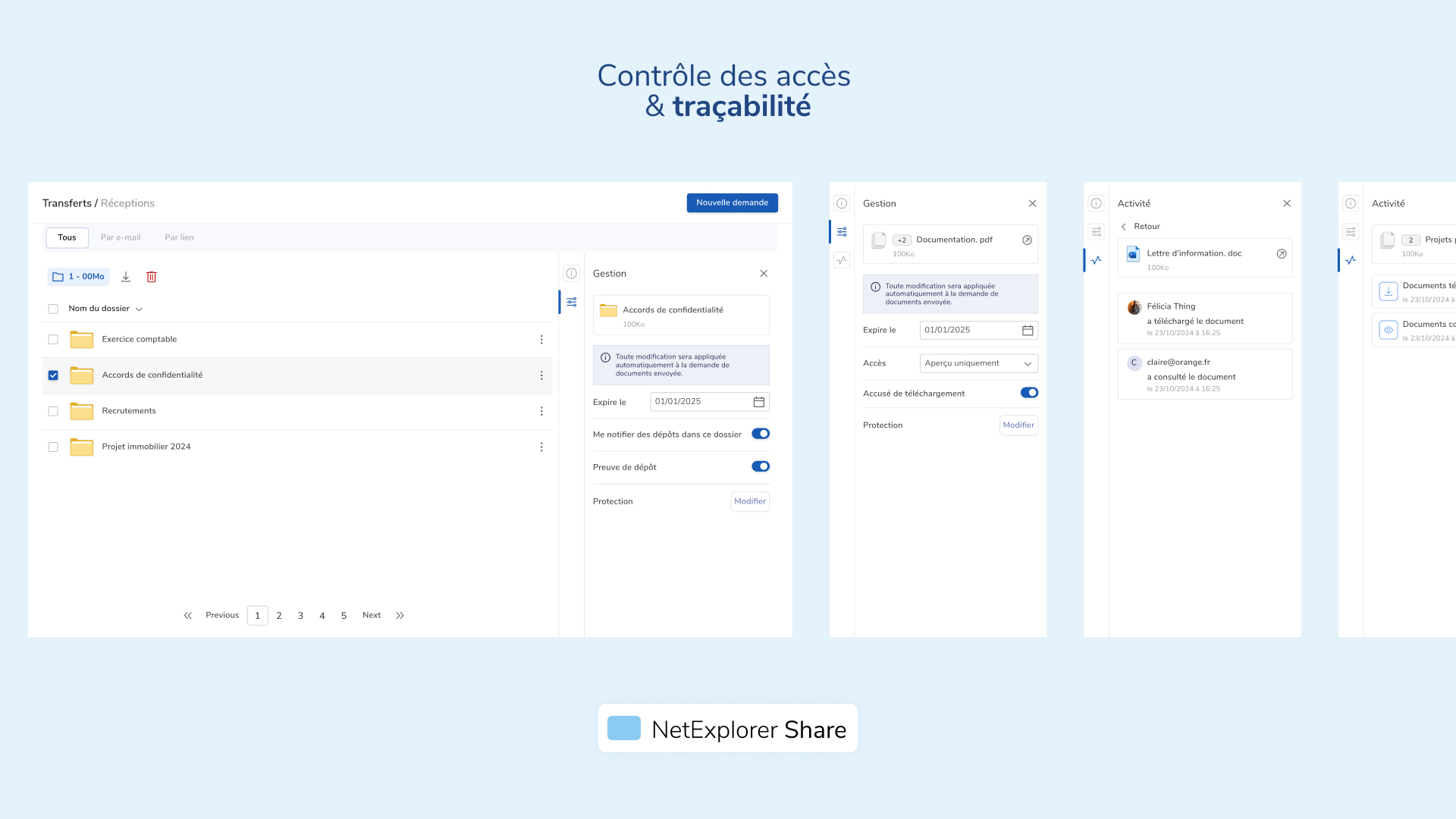 NetExplorer Share - Définissez les droits d’accès des utilisateurs à votre partage : consultation uniquement, téléchargement, ou les deux, ainsi que des protections supplémentaires.
