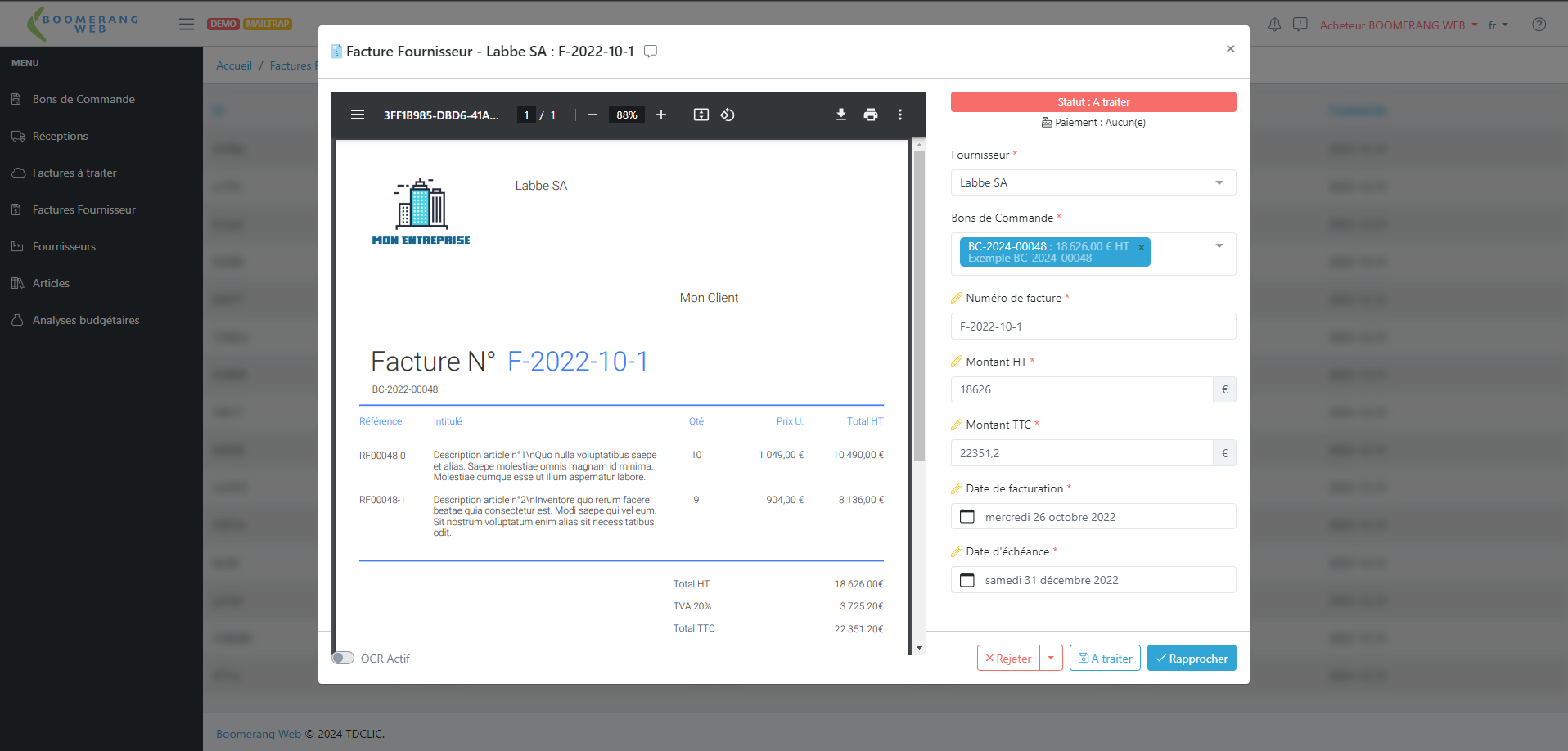Boomerang Web - Reconnaissance automatique des factures fournisseurs (OCR)