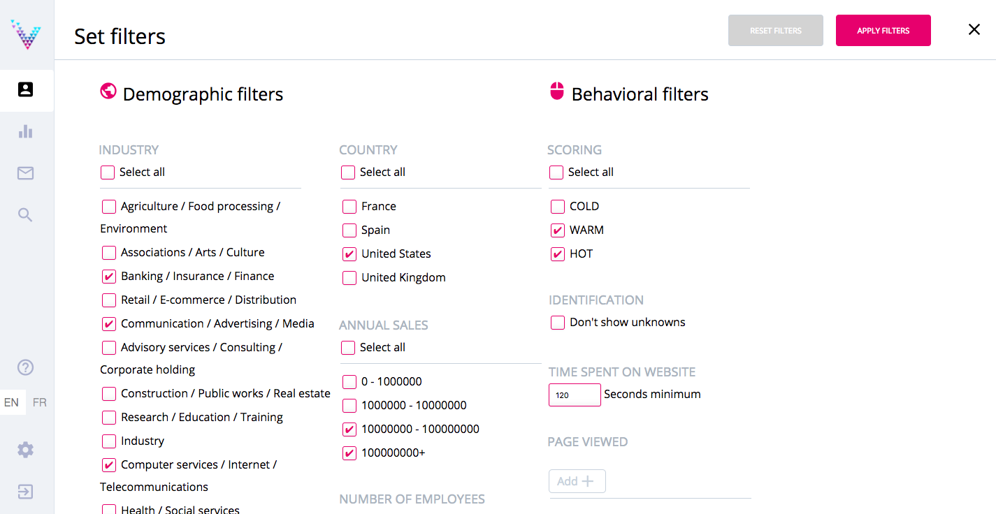 Visblee: target audience, filter by industry, company size, location, market, lead scoring