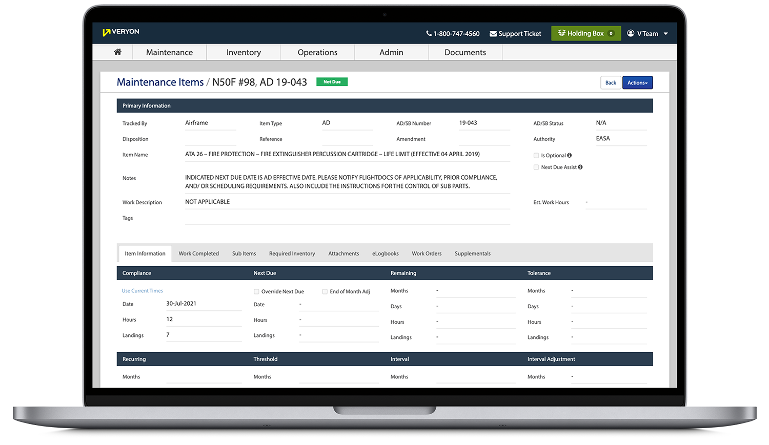 Veryon Tracking - Maintenance Items