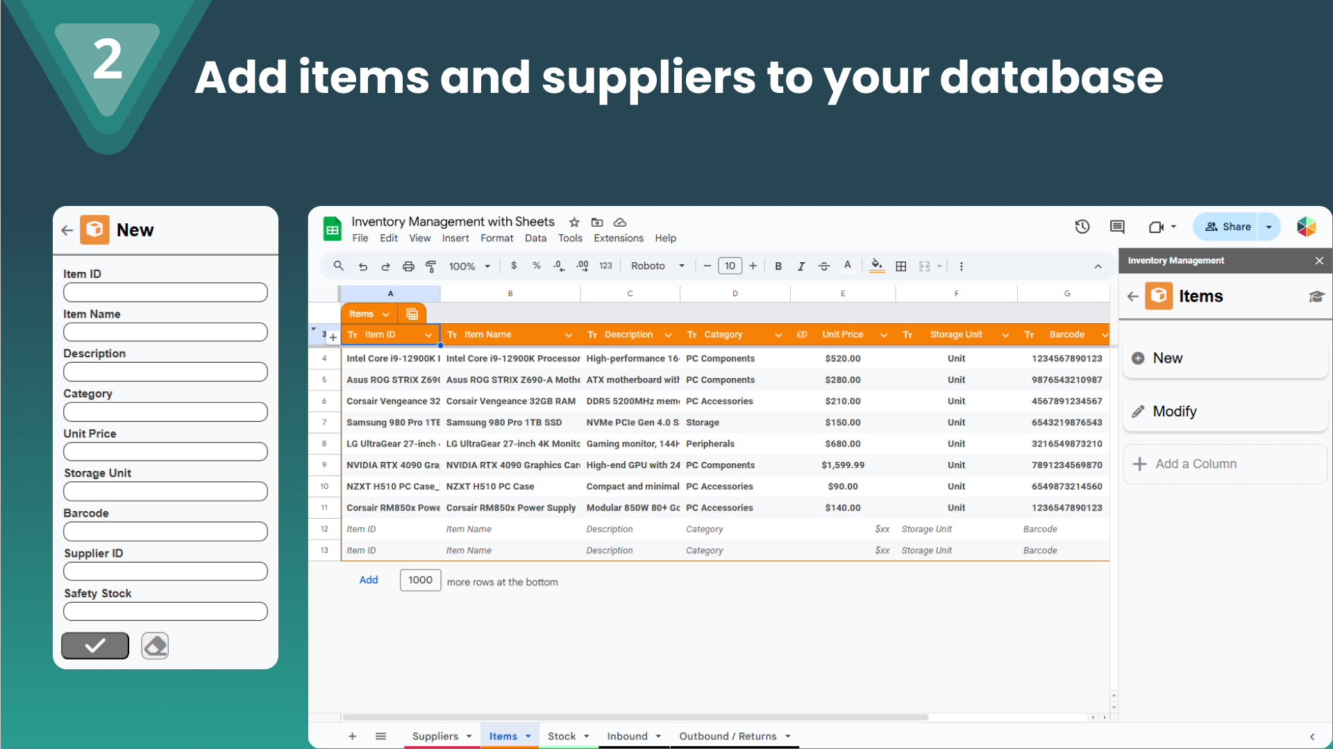 Inventory Management Sheets - Add items and suppliers to your database.