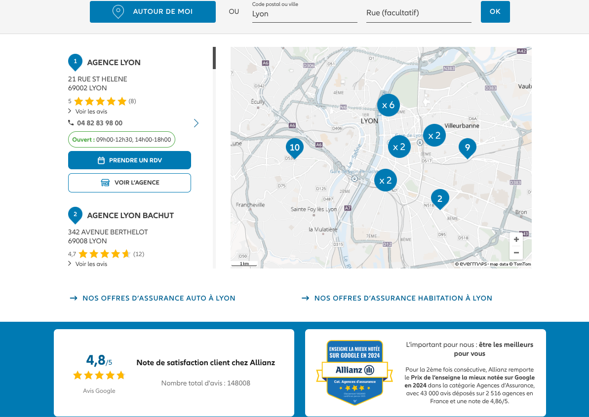 Evermaps - Exemple de Store Locator Allianz à Lyon, combinant carte interactive, informations d’agences, prise de rendez-vous en ligne et valorisation de la satisfaction client via les avis Google.