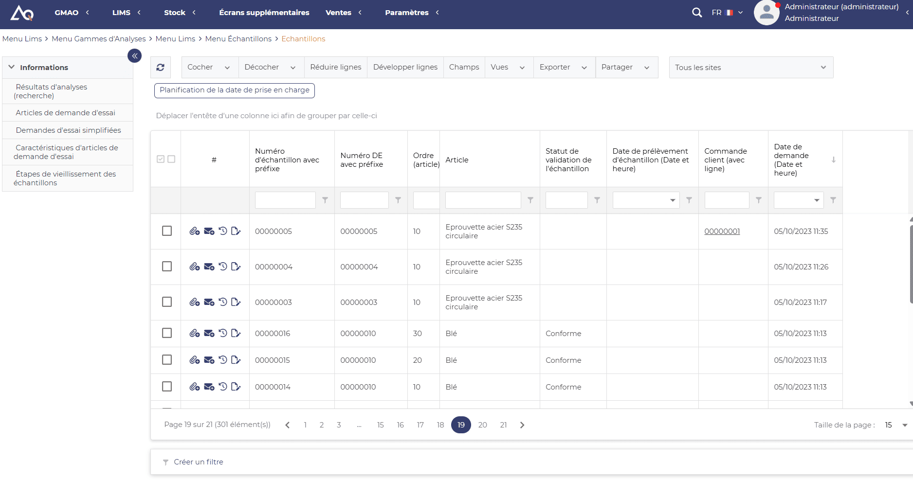 AQ Manager LIMS - Menu échantillothèque 1