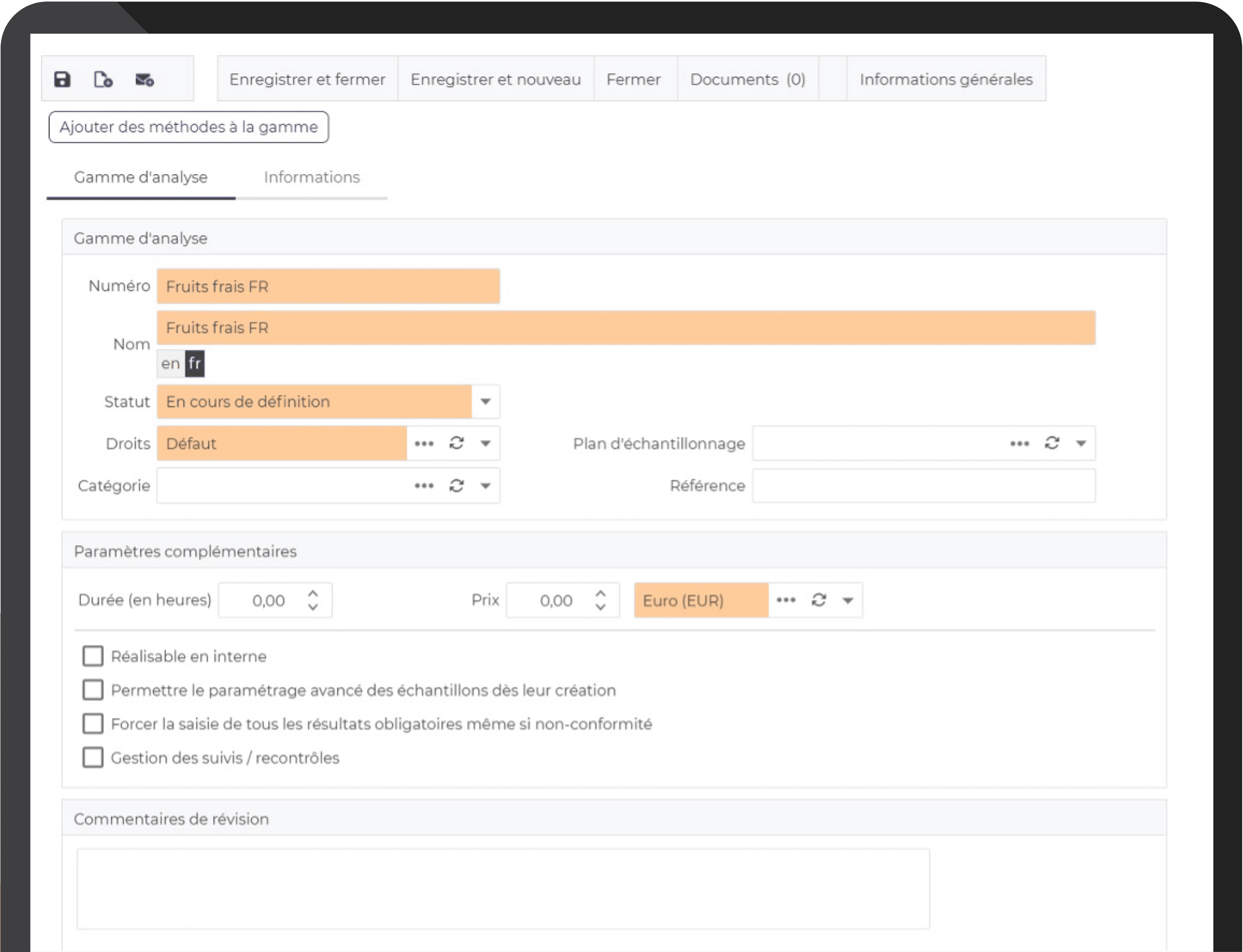 AQ Manager LIMS - Exemple de menu : ajouter des méthodes à la gamme