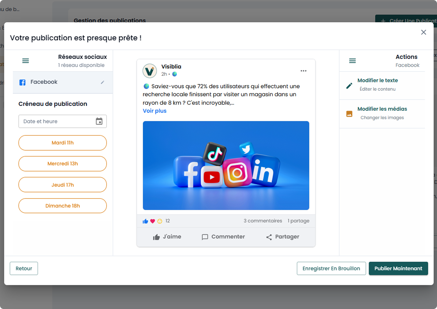 Visiblia - Écran de planification des publications.