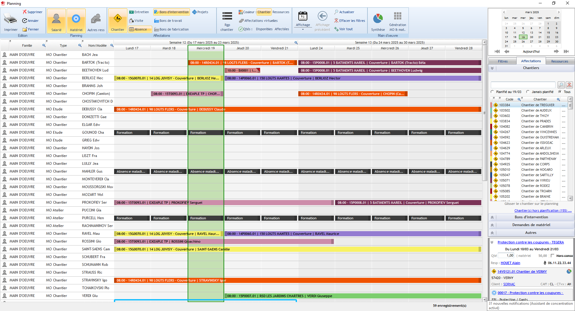 Optim'BTP - Ecran de gestion du planning hebdomadaire dans l'ERP Optim'BTP Entreprise