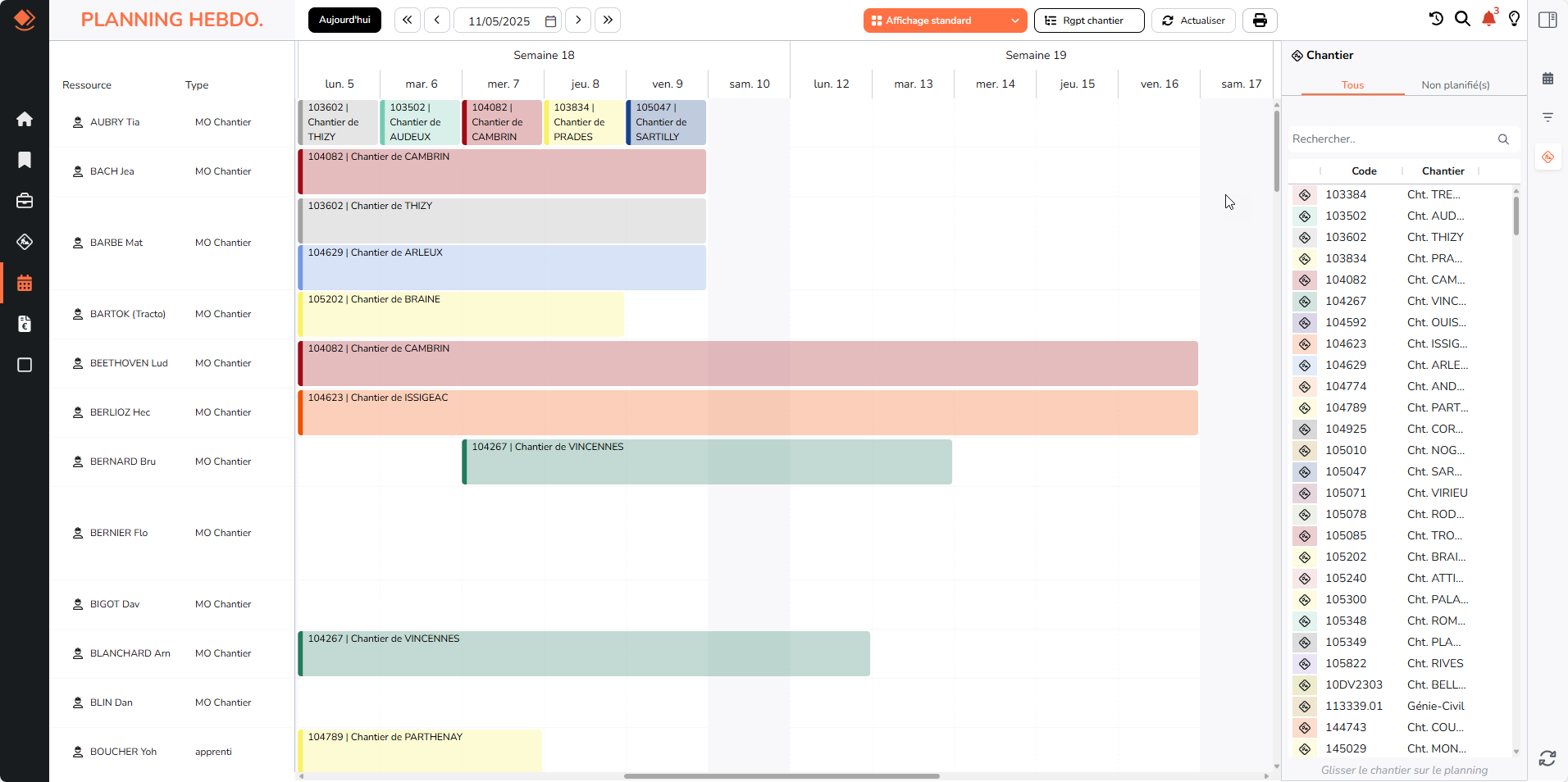 Optim'BTP - Ecran de gestion du planning hebdomadaire dans l'ERP Optim'BTP Web