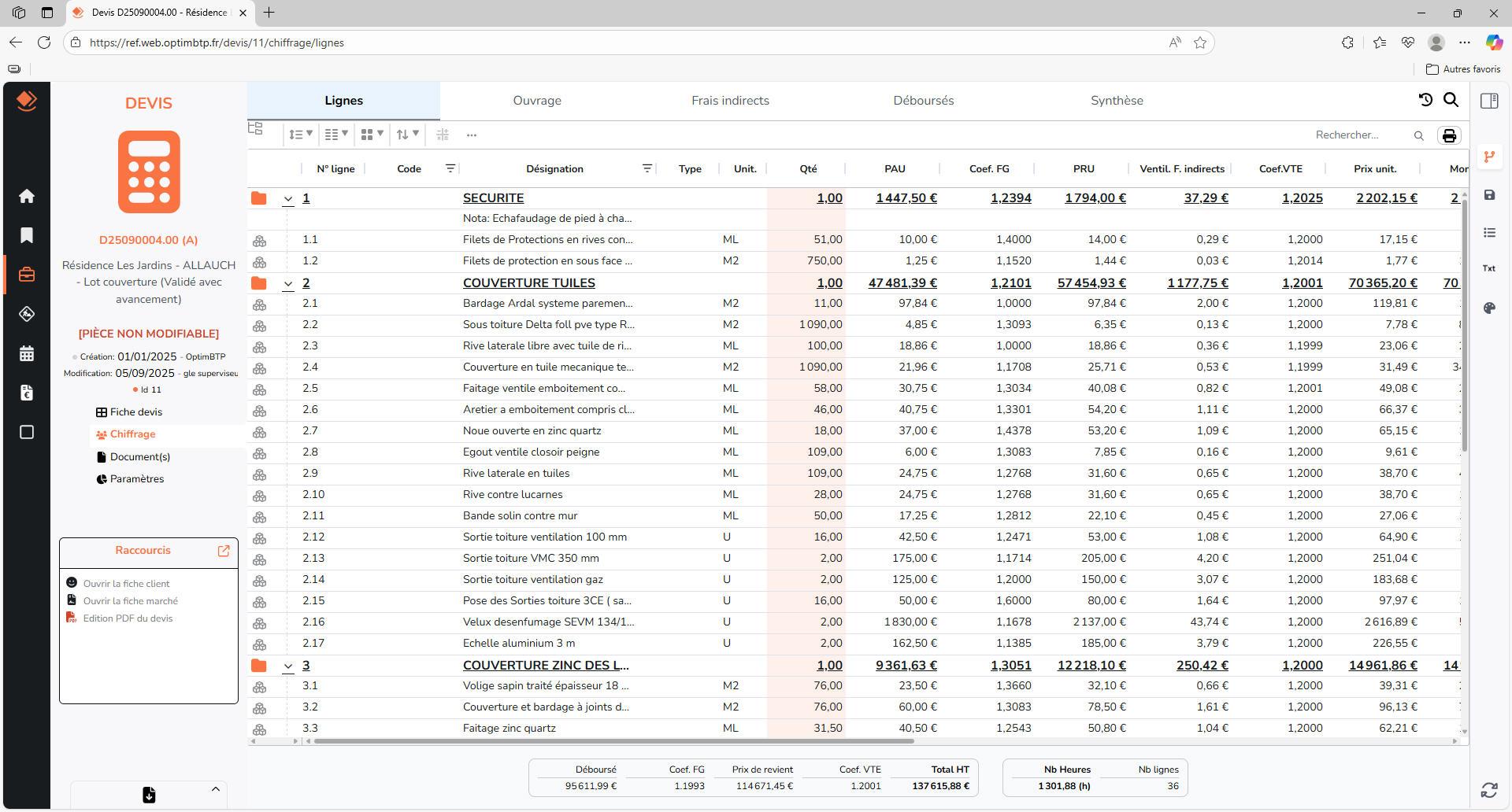 Optim'BTP - Ecran de saisie d'un devis dans la solution full-web Optim'BTP Web
