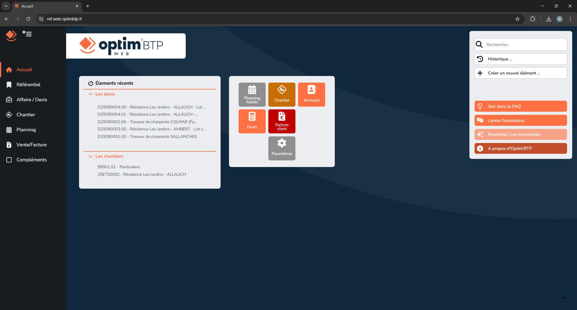 Optim'BTP - Ecran d'accueil de l'ERP Optim'BTP Web