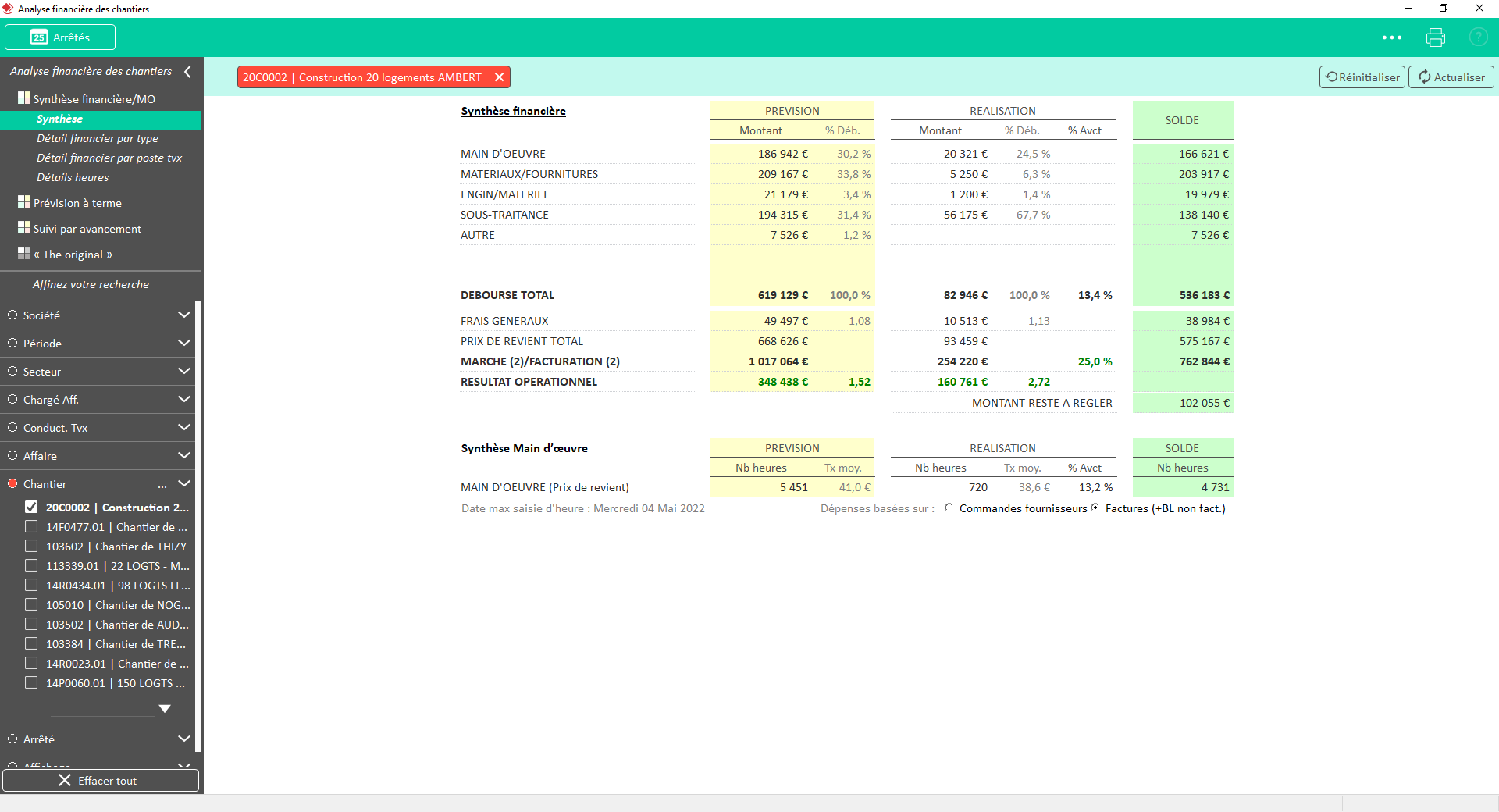 Optim'BTP - Ecran de pilotage financier dans Optim'BTP Entreprise