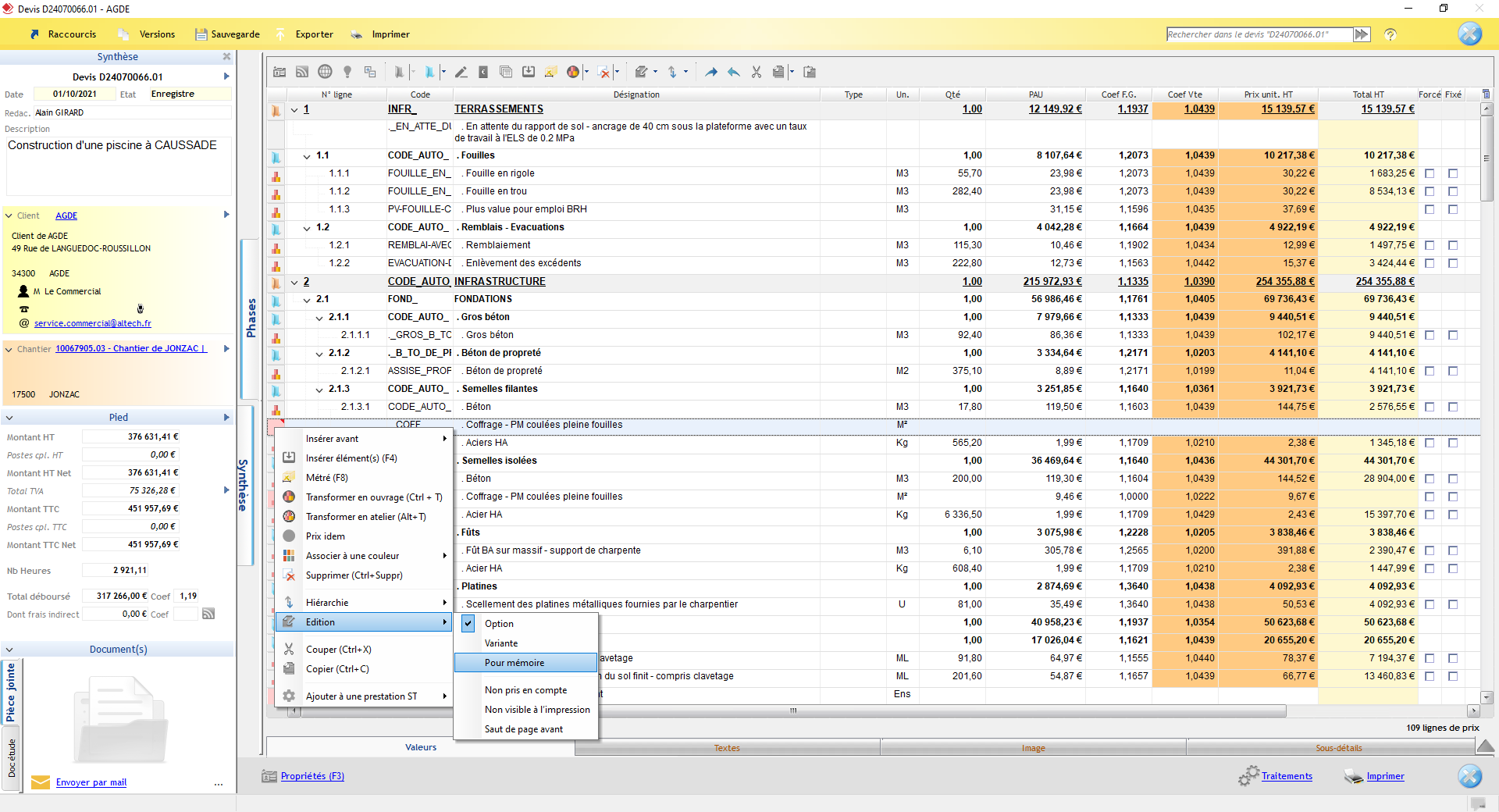 Optim'BTP - Ecran de saisie d'un devis dans le logiciel Optim'BTP Entreprise