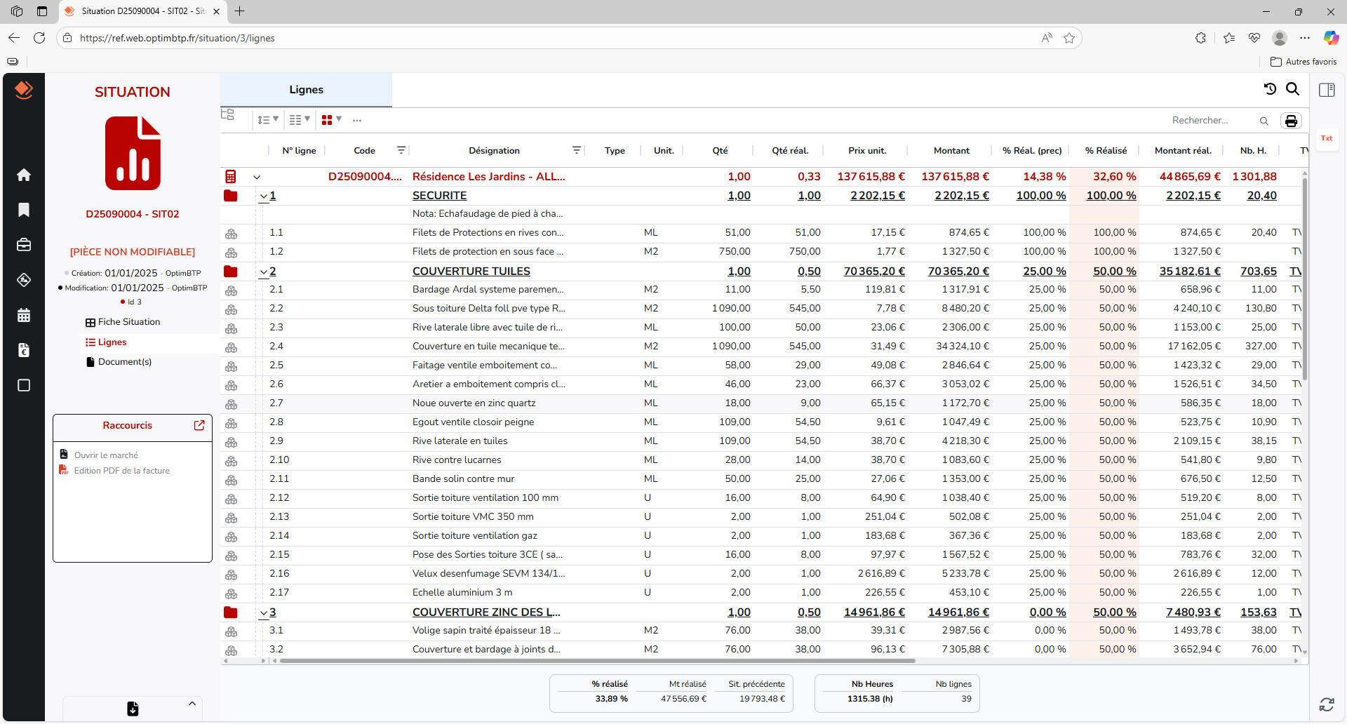 Optim'BTP - Ecran de situation de travaux dans Optim'BTP Web