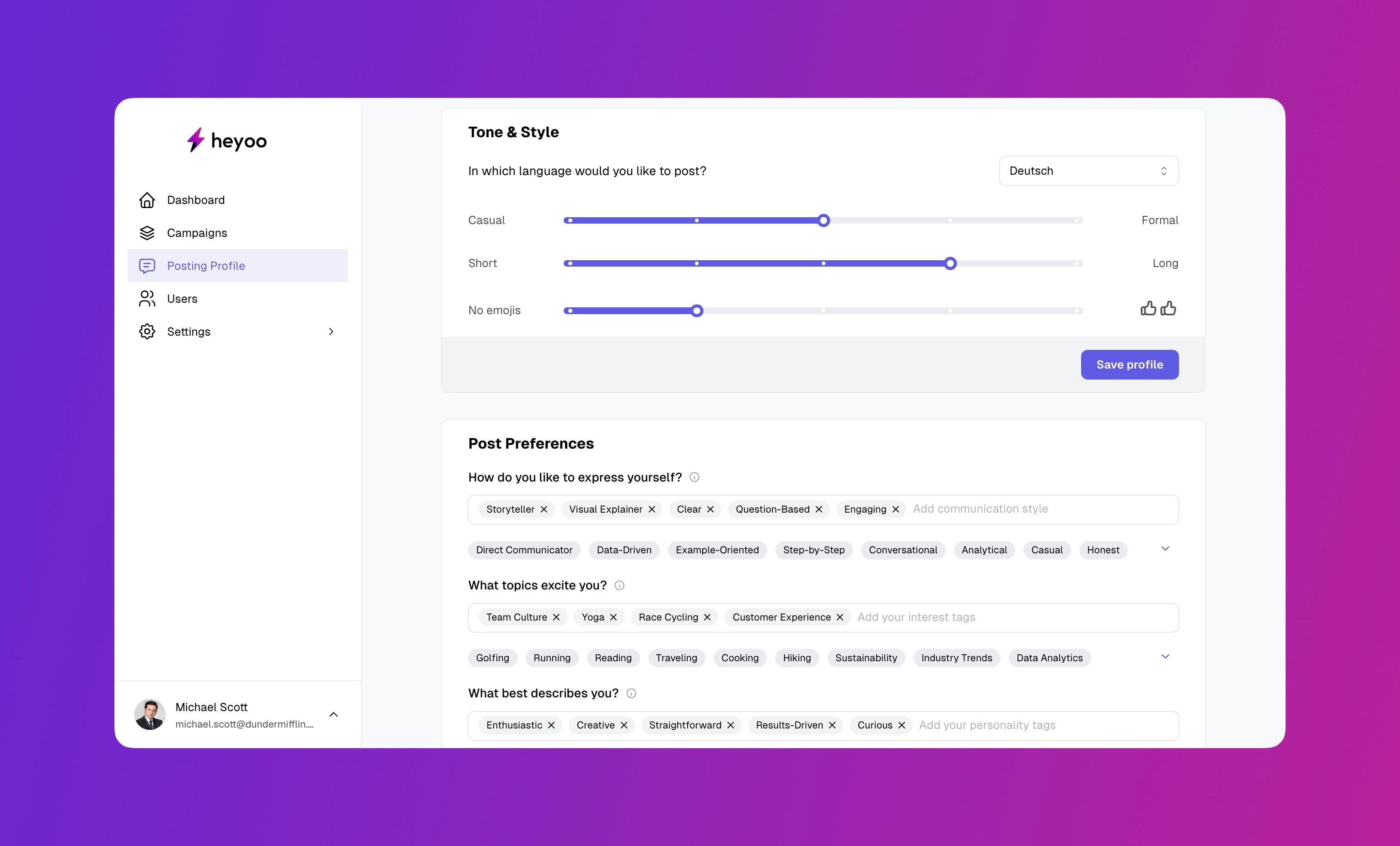 Heyoo.ai - Every Employee has a personal posting profile to make post suggestions truly authentic