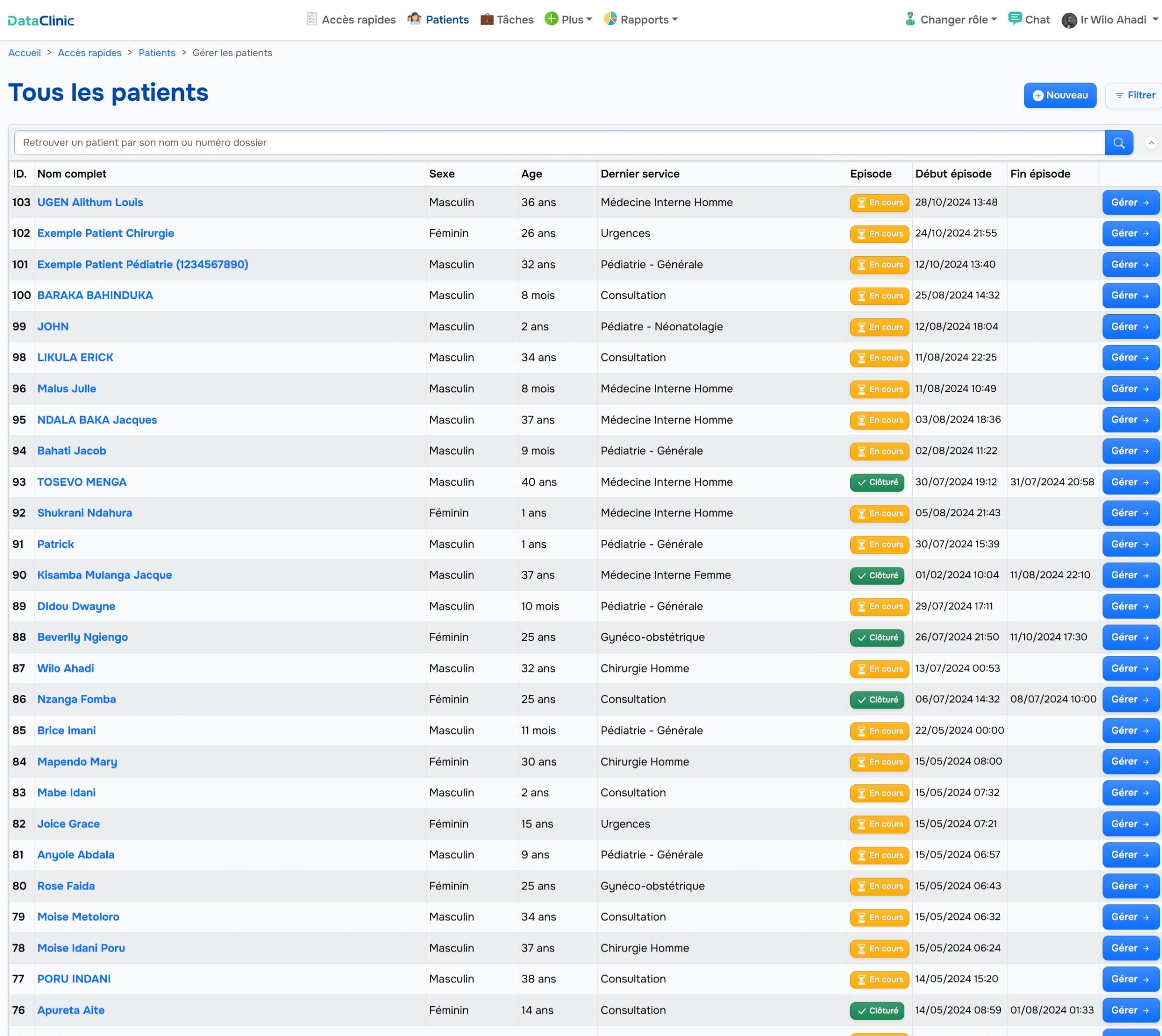 Data Clinic - Liste des patients par service