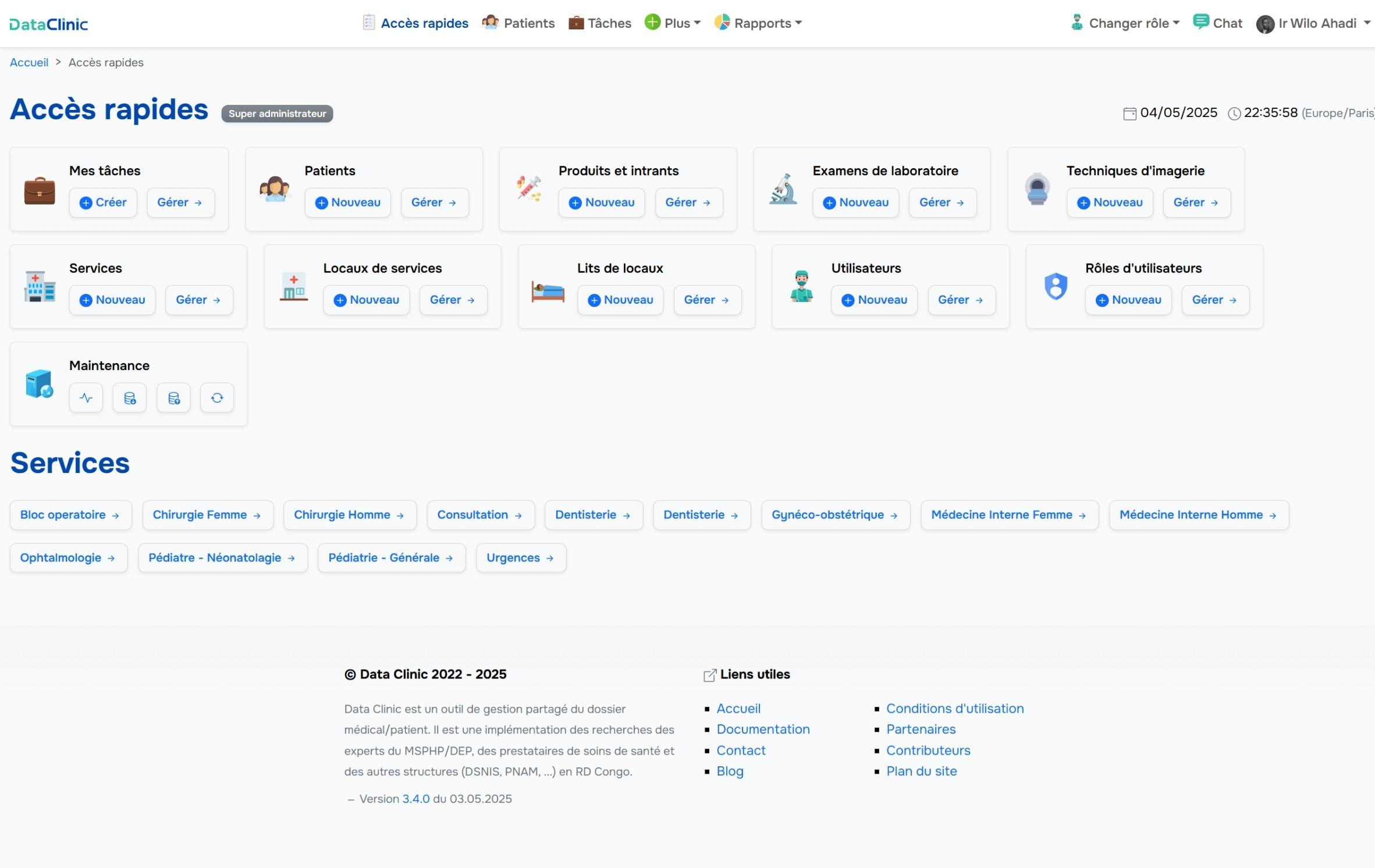 Data Clinic - Accès rapides, une fois l'utilisateur connecté