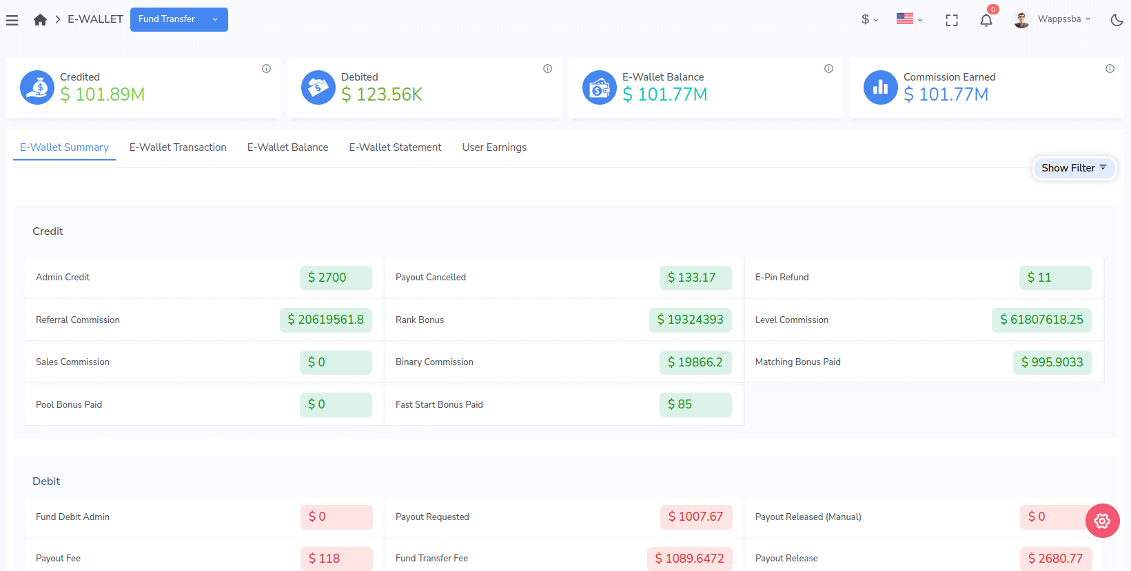 Infinite MLM Software - The eWallet module allows administrators to manage and monitor member wallet balances within the MLM system. It provides a centralized view of credits, debits, commissions, payouts, and transaction history to ensure accurate internal fund management.