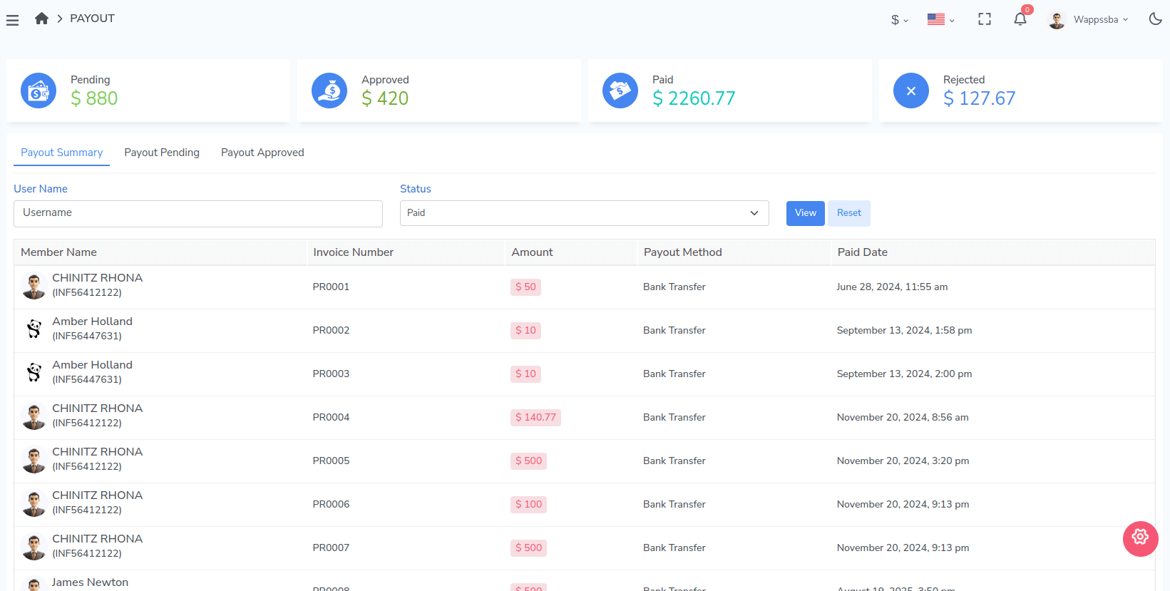 Infinite MLM Software - Admin module for reviewing, approving, and processing member commission payouts with detailed tracking and reporting.