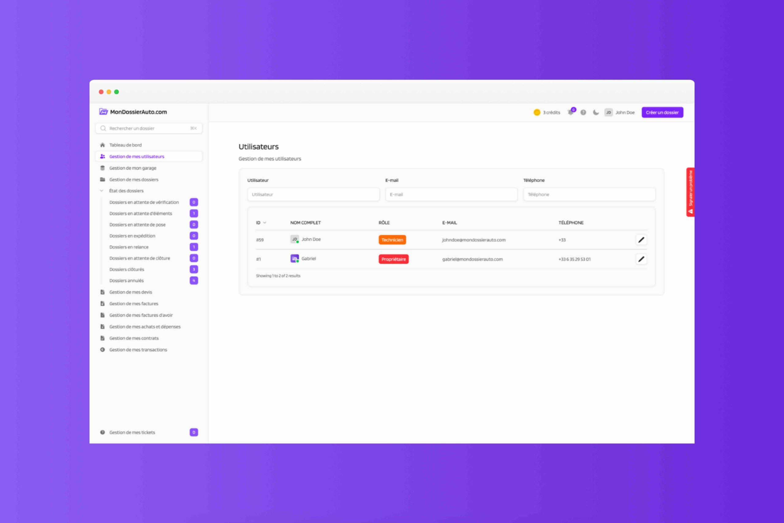 MonDossierAuto.com - Créez des profils pour chaque membre de votre équipe, avec des niveaux d’autorisation personnalisables. Vous contrôlez qui fait quoi, et sécurisez l’accès à vos données sensibles.