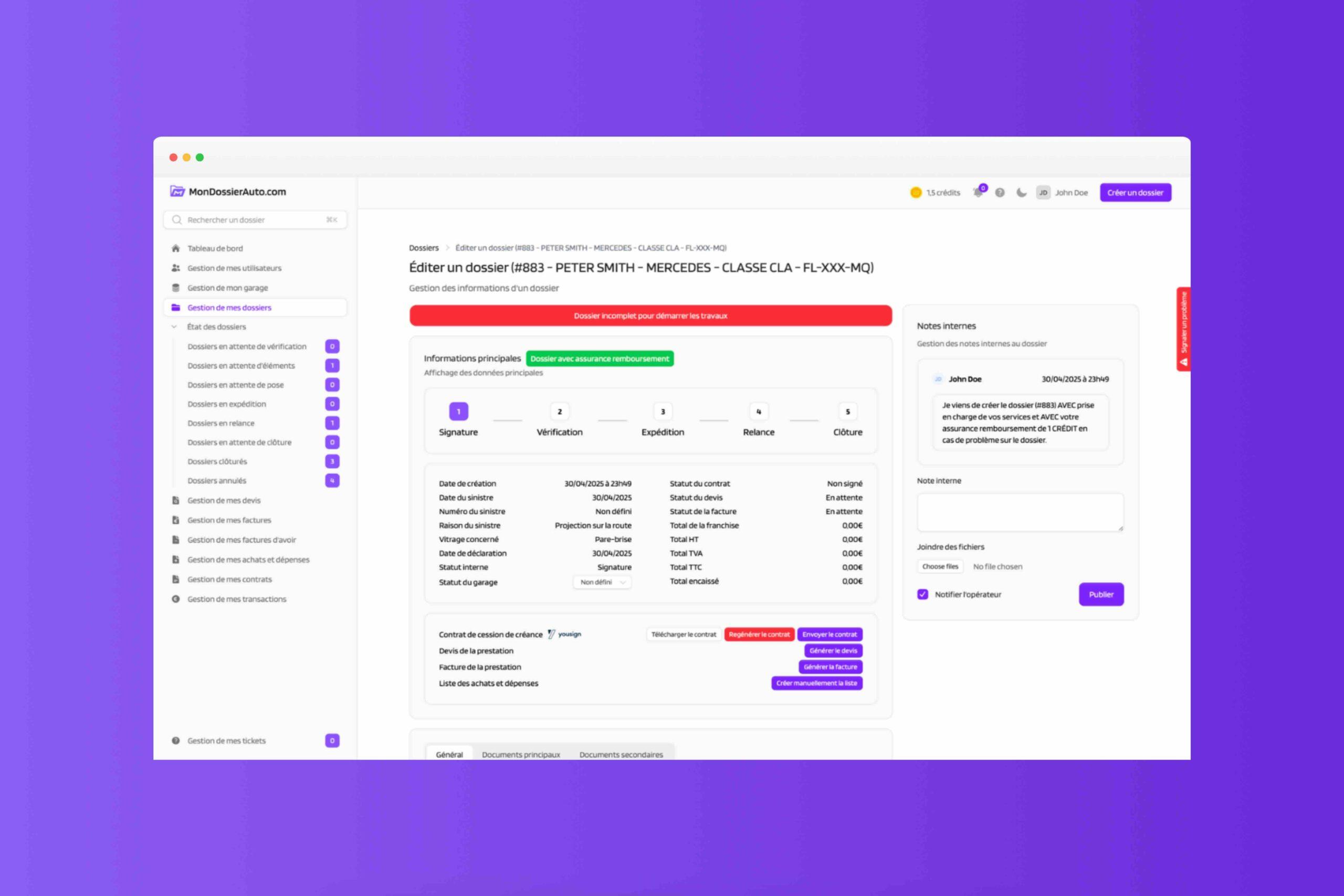 MonDossierAuto.com - Créez, modifiez et suivez tous vos dossiers de sinistre depuis un tableau de bord clair et intuitif. Visualisez en temps réel les étapes restantes, les documents manquants, et l’état des paiements.