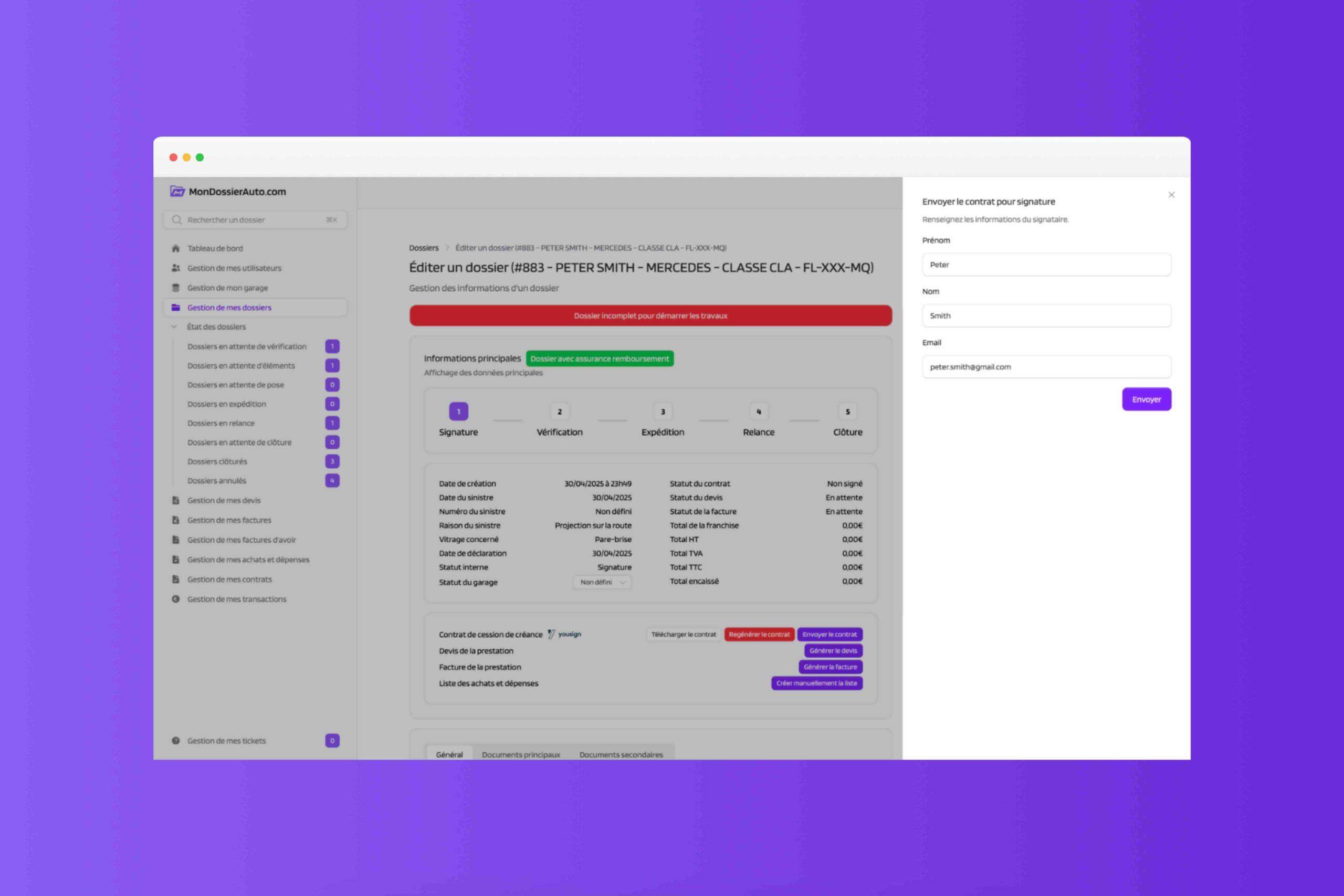MonDossierAuto.com - Générez des contrats conformes aux exigences des assureurs, et faites-les signer électroniquement par vos clients grâce à notre intégration avec YouSign. Fini les papiers, tout est digitalisé.