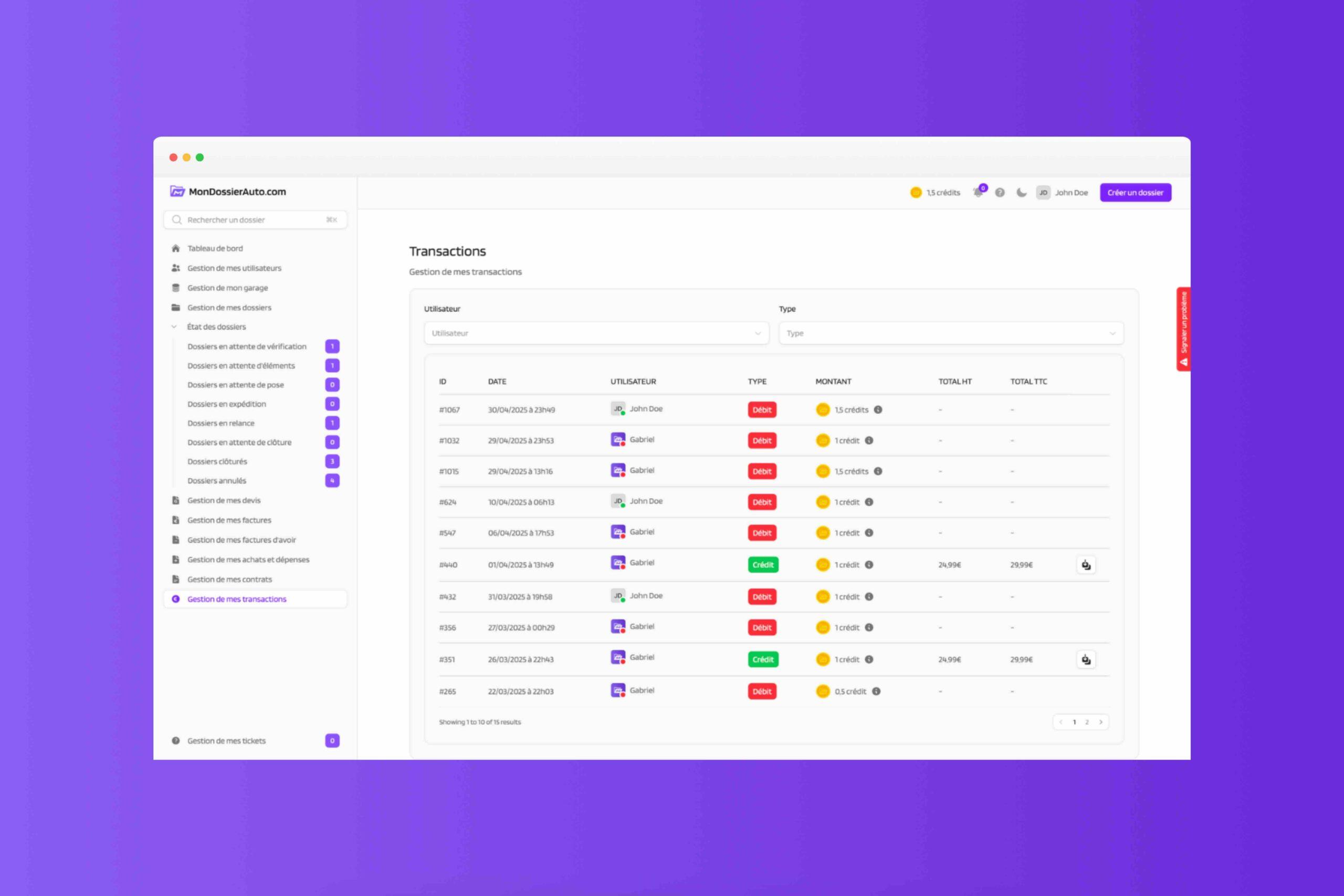 MonDossierAuto.com - Accédez à un tableau centralisé pour suivre l’ensemble de vos transactions liées aux dossiers : crédits et débits. Gardez une vue d’ensemble claire sur les mouvements financiers de votre activité.