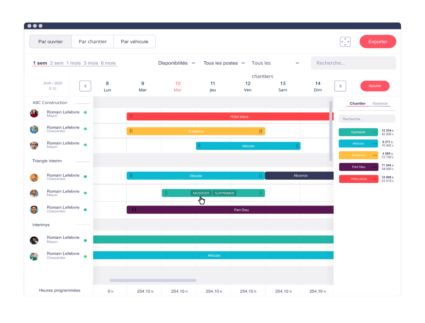 Tim Management - Planning par ouvrier