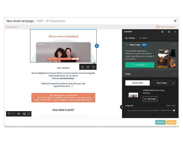 Salonkee - Email: Ajustement du texte, des images et des couleurs, ajouter des formulaires, Multilinguisme, Planification d’e-mails (avant/après un rendez-vous)