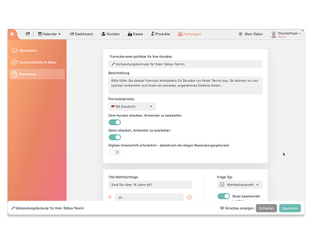 Salonkee - Formulare: Erstellen Sie Formulare nach Ihren Vorstellungen, entweder für Feedback, Einverständniserklärungen oder mit medizinischen oder behandlungsrelevanten Informationen.