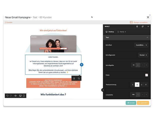 Salonkee - E-Mail-Newsletter: Text, Bilder und Farben anpassen, Formulare hinzufügen, Mehrsprachigkeit, E-Mail planen (vor/nach einem Termin)