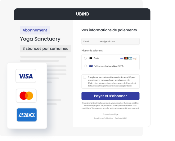Ubind - Interface de paiement membre : choix de l’abonnement (nombre de séances par semaine), récapitulatif du montant, champs de saisie carte bancaire (Visa, Amex…), bouton « Payer et s’abonner ».
