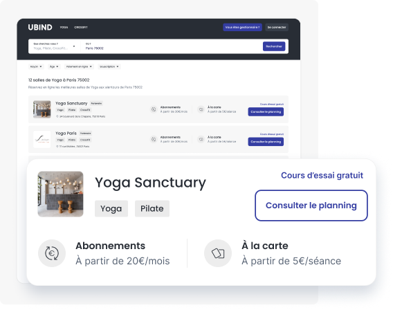 Ubind - Vue « fiche d’activité » coach/salle : vignette de Yoga Sanctuary, types de cours (Yoga, Pilates), bouton « Cours d’essai gratuit », « Consulter le planning » et résumé des formules d’abonnement.