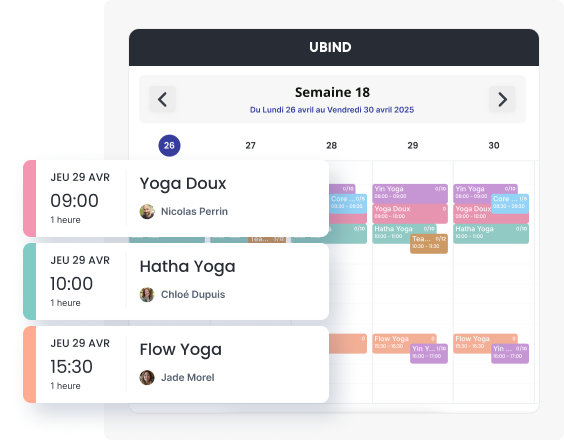 Ubind - Planning hebdomadaire couleur : cases horaires pour chaque cours (Yoga Doux, Hatha Yoga, Flow Yoga) affichées jour par jour, barre de navigation de la semaine, flèches de changement de semaine.